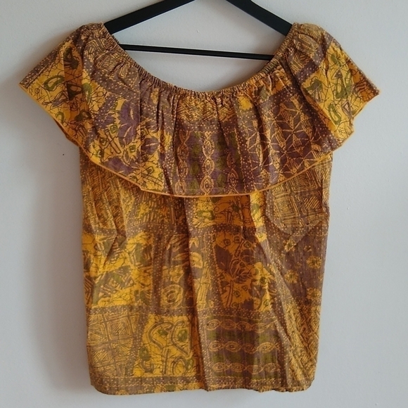 Vintage Ruffle Blouse Tribal Print 100% Cotton Off The Shoulder - Picture 7 of 7